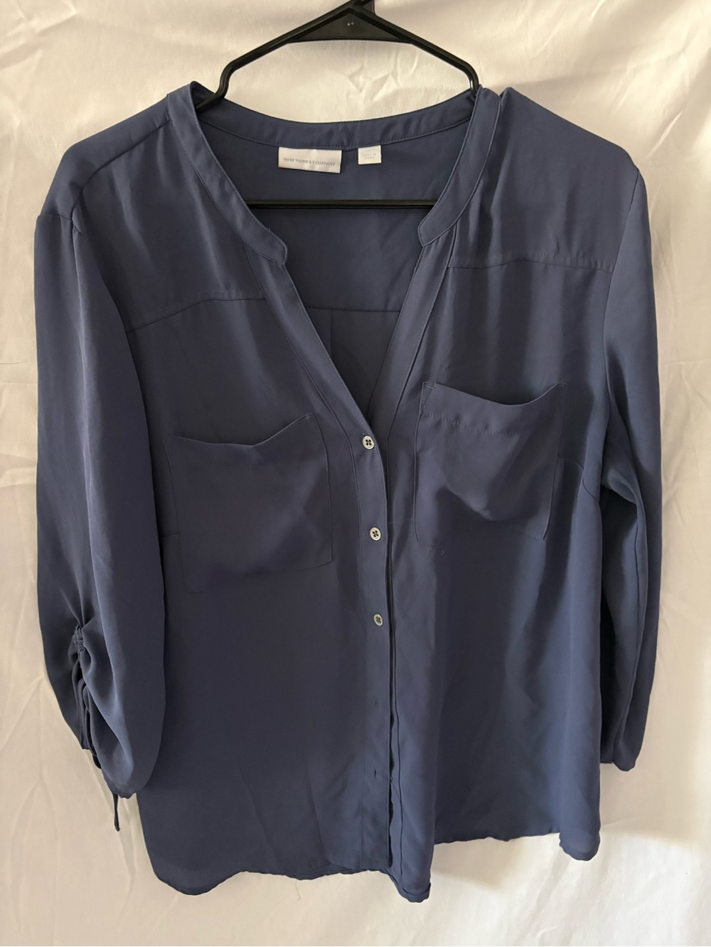 New York & Company Navy Button-Front Tunic Blouse